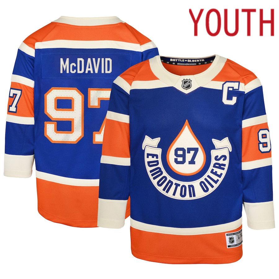 Youth Edmonton Oilers #97 Connor McDavid Royal 2023 NHL Heritage Classic Premier Player Jersey->edmonton oilers->NHL Jersey
